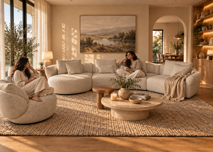 Lunara Sofa lifestyle scene with two people in a warm contemporary living room
