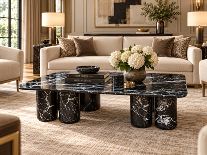 Nero Valora black marble centre table in luxury formal sitting room with rectangular white-veined stone top and cylindrical base