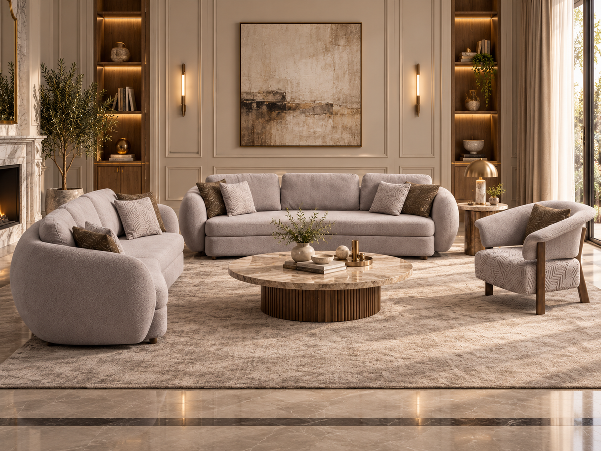 Luna sofa ensemble with coordinating armchair and a formal marble centre table in warm luxury living room