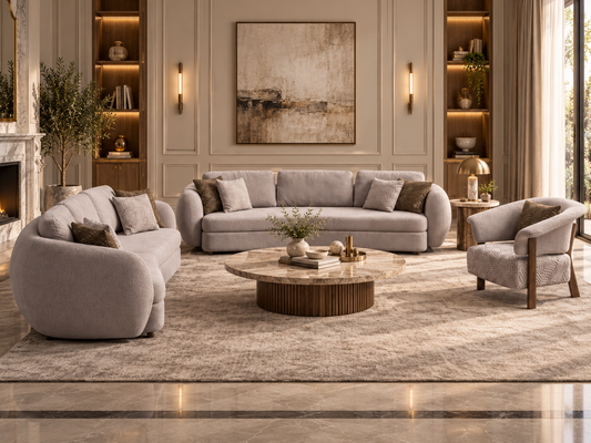 Luna sofa ensemble with coordinating armchair and a formal marble centre table in warm luxury living room