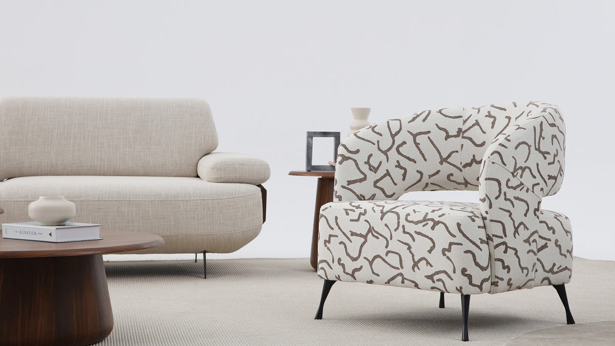 Madrid coordinating patterned armchair with cream linen sofa