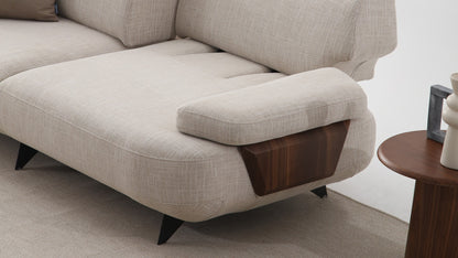 Madrid sofa cream linen upholstery with walnut arm detail