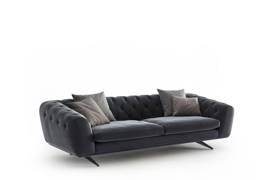 Manchester Soft Sofa in charcoal grey with deep button tufting and slim black metal legs