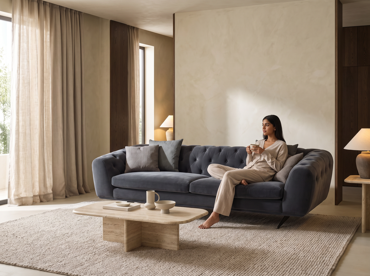 Manchester Soft Sofa in a warm luxury living room with a relaxed seated woman