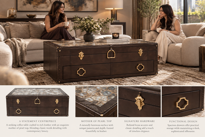 Marlowe Trunk Coffee Table leather, mother-of-pearl top and brass hardware details
