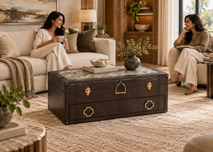 Marlowe Trunk Coffee Table lifestyle scene with two people