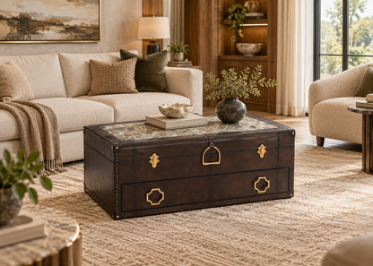 Marlowe Trunk Coffee Table in a warm luxury living room