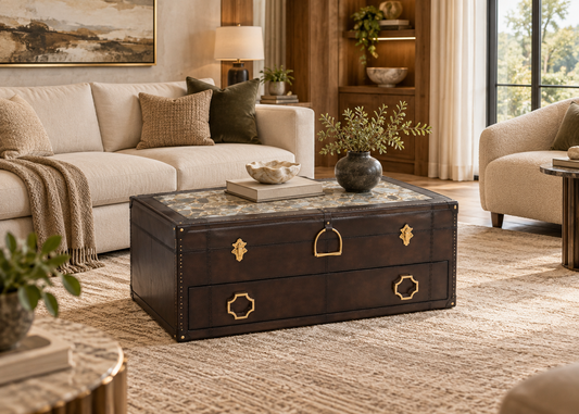 Marlowe Trunk Coffee Table in a warm luxury living room