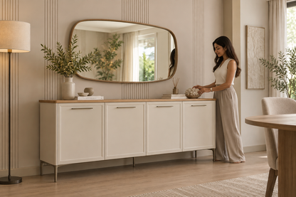 Marsana Console by Enza Home styled in a warm modern dining interior with a human figure