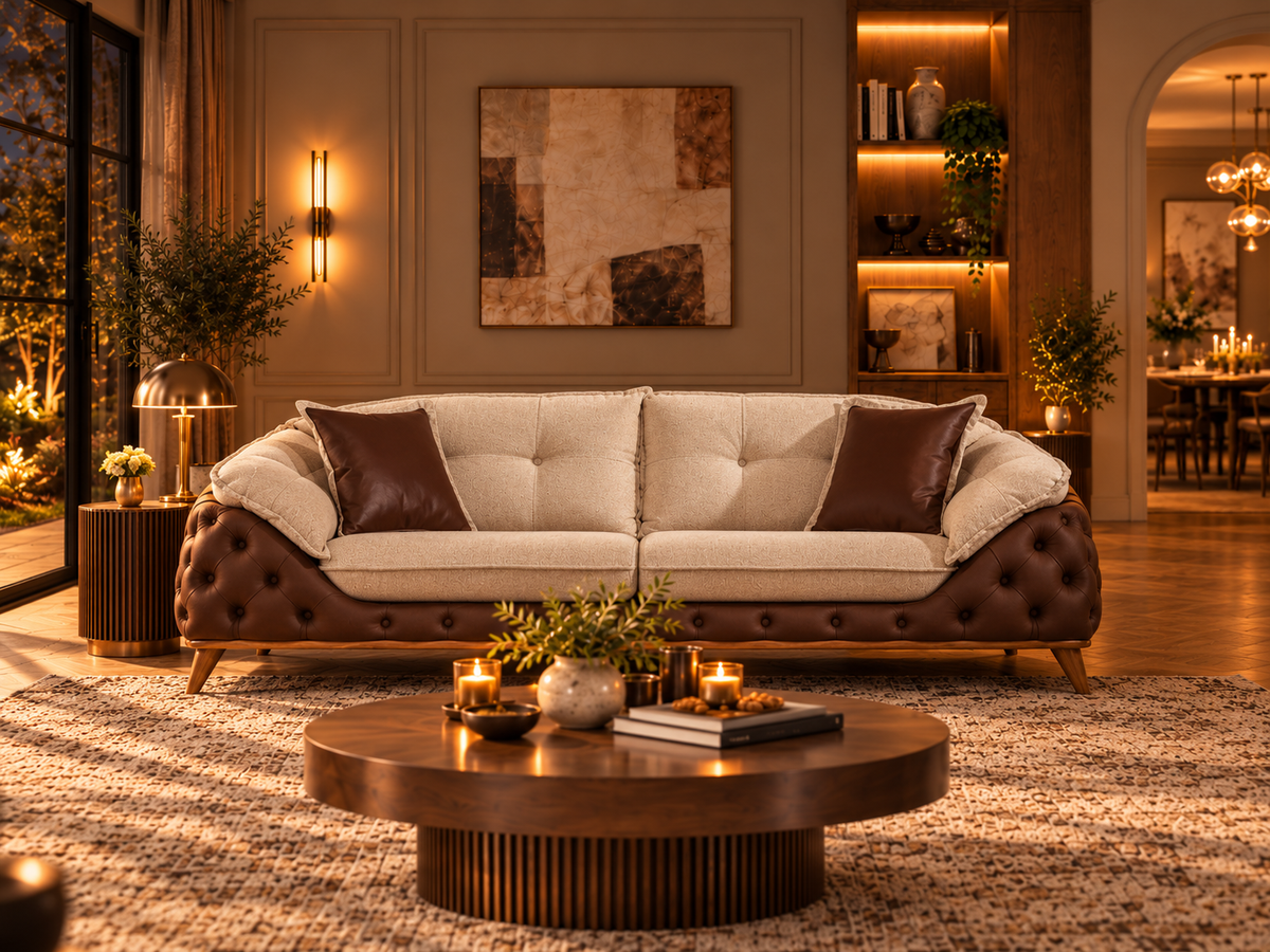 Masarrati Vol. III three-seater sofa close-up with deep brown tufting and ivory upholstery