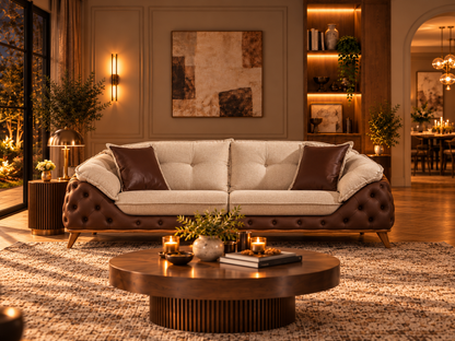 Masarrati Vol. III three-seater sofa close-up with deep brown tufting and ivory upholstery