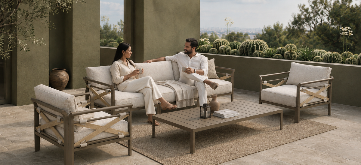 Matori Outdoor Sofa with Indian models in the Mehrauli Olive Courtyard