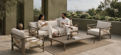 Matori Outdoor Sofa with Indian models in the Mehrauli Olive Courtyard