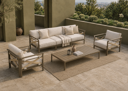 Matori Outdoor Sofa top front view in the Mehrauli Olive Courtyard