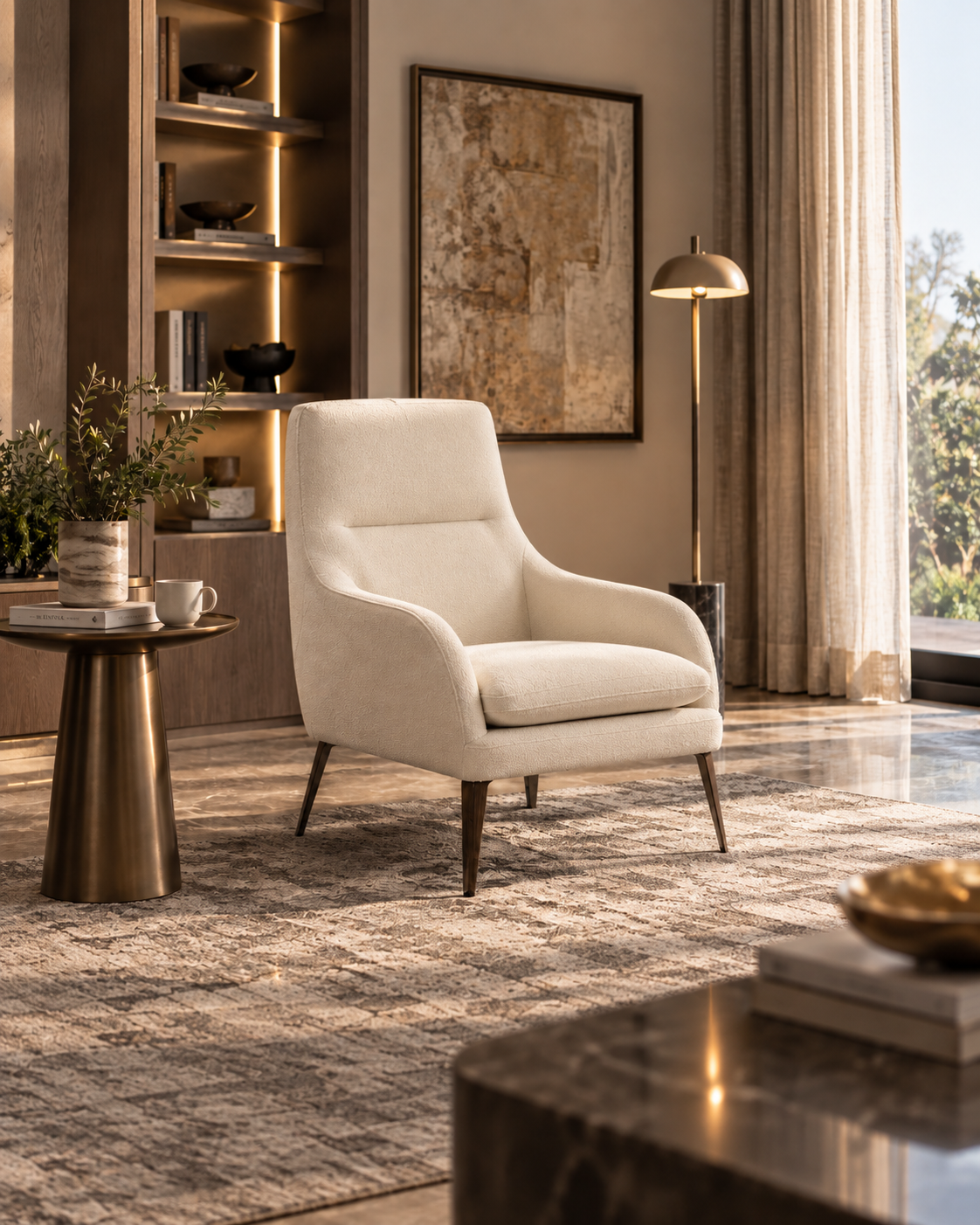 Mila Armchair in a warm luxury reading nook with ivory upholstery