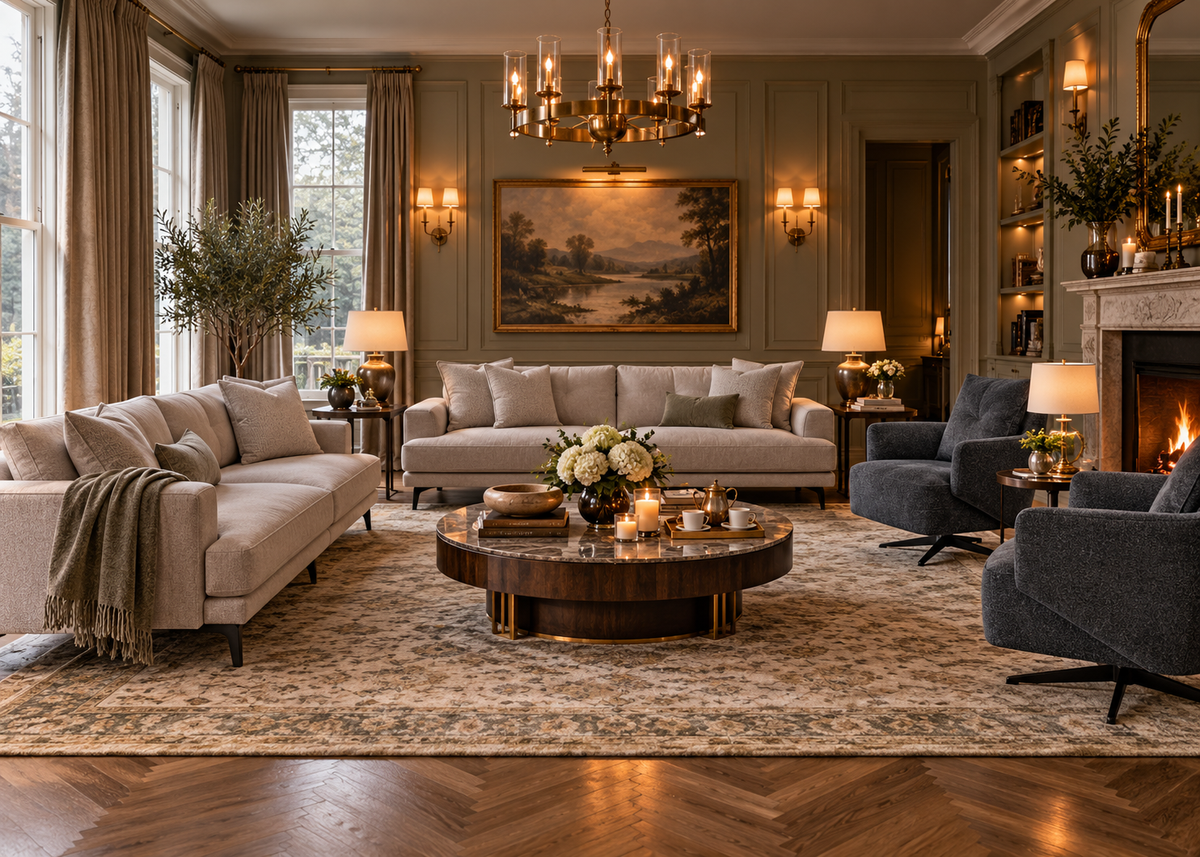 Milan 3+3+1+1 living room arrangement featuring two matching greige stone sofas and two deep slate blue-grey swivel armchairs