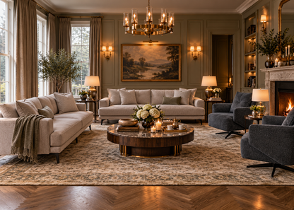 Milan 3+3+1+1 living room arrangement featuring two matching greige stone sofas and two deep slate blue-grey swivel armchairs