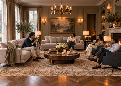 Four Indian guests relaxing on Milan greige sofas and slate blue-grey swivel chairs in a formal English sitting room