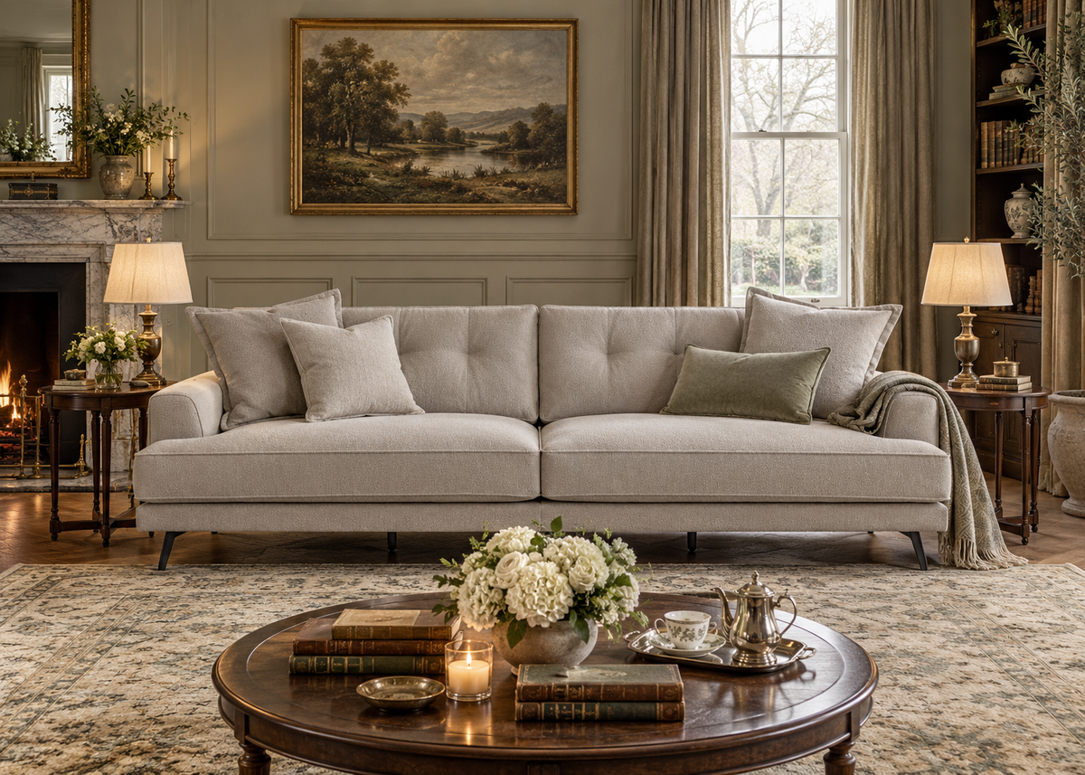 Milan light greige stone bouclé three-seater sofa in a quiet luxury English drawing room, with channel-tufted back cushions and dark blade legs