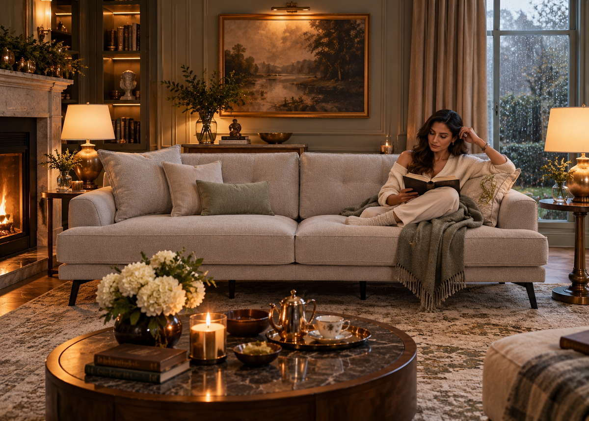 Indian woman reading on Milan greige bouclé feather-filled sofa in an English drawing room on a rainy afternoon