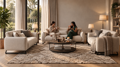 Milo Sofa 3+2+2 set with two people in a cozy contemporary living room