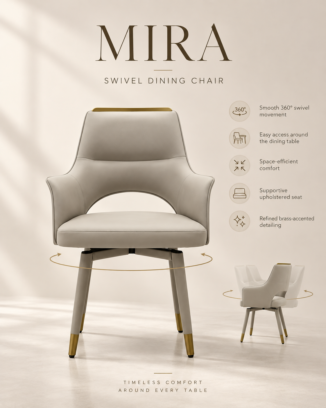Mira Swivel Dining Chair product catalogue showing 360 degree swivel benefits