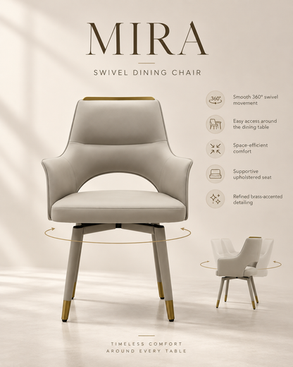 Mira Swivel Dining Chair product catalogue showing 360 degree swivel benefits