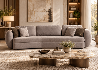 Luna sculptural light taupe 3 seater sofa front view with oversized rounded arms and textured upholstery