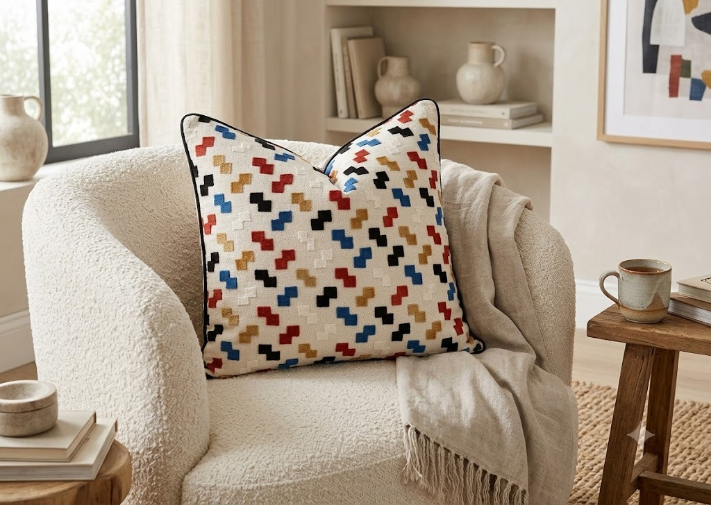 Mosaic Step Cushion close view showing multicolour geometric woven pattern with dark piping