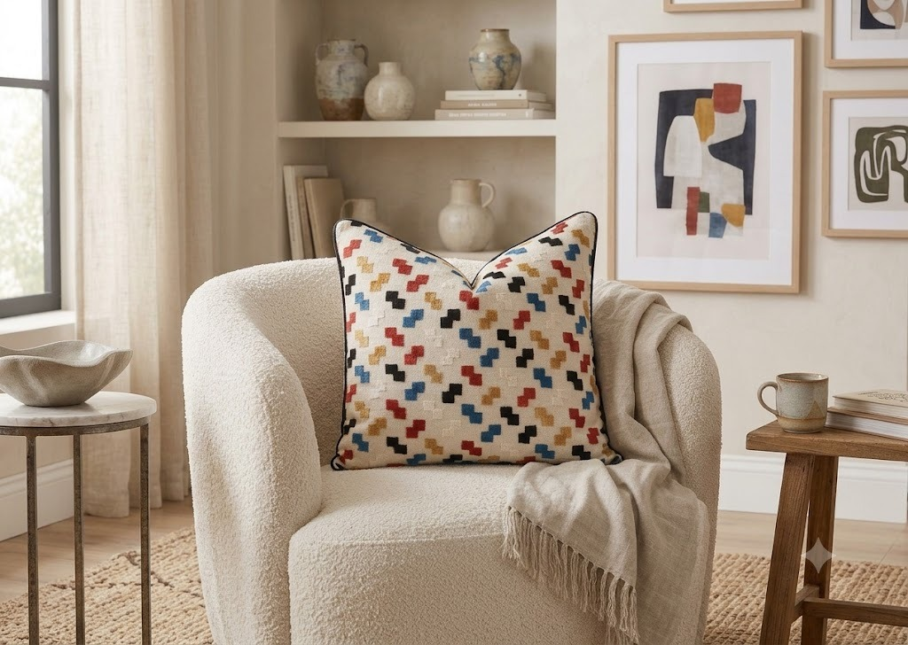 Mosaic Step Cushion in ivory with multicolour geometric woven motifs, styled on a cream armchair