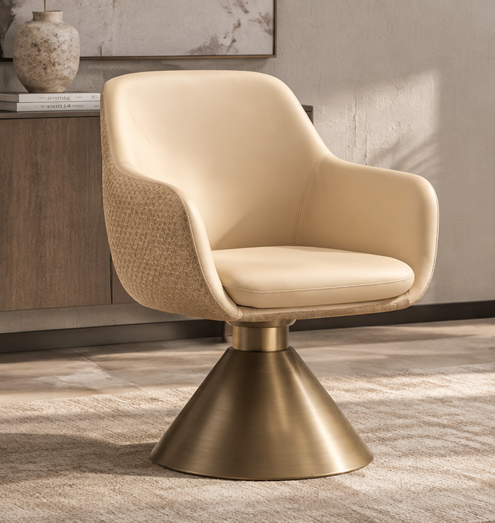 Nara Dining Chair in warm beige upholstery with textured outer shell and brushed brass pedestal base