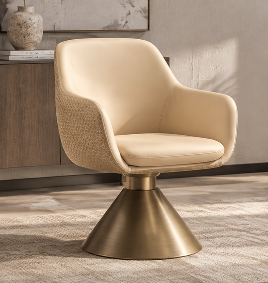 Nara Dining Chair in warm beige upholstery with textured outer shell and brushed brass pedestal base