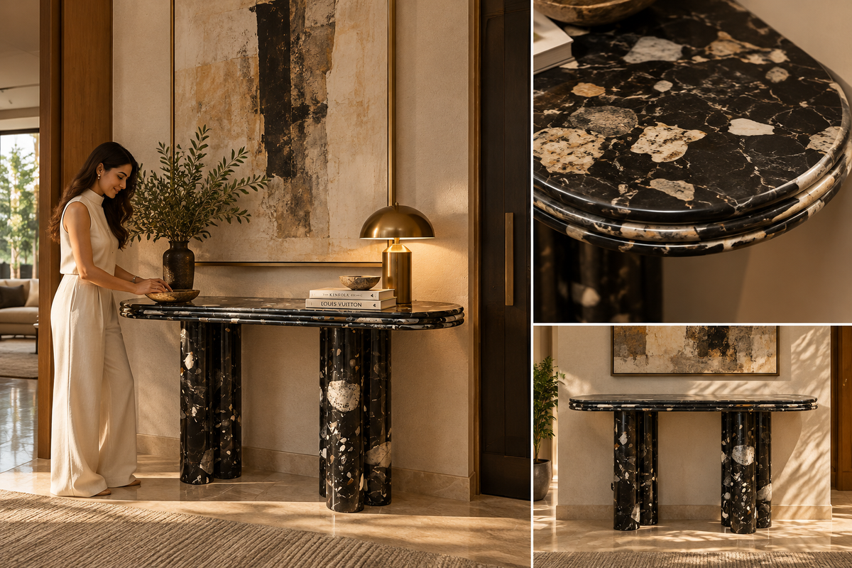 Cavaro marble console in luxurious foyer with styled accessories and close-up views of the dark brecciated marble surface