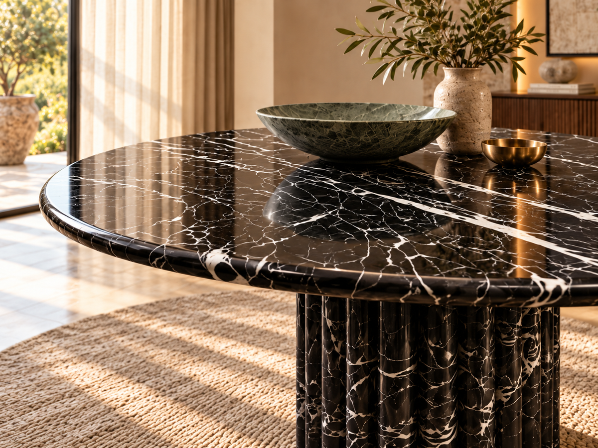 Detail image of polished black and white veined marble dining table surface and rounded edge