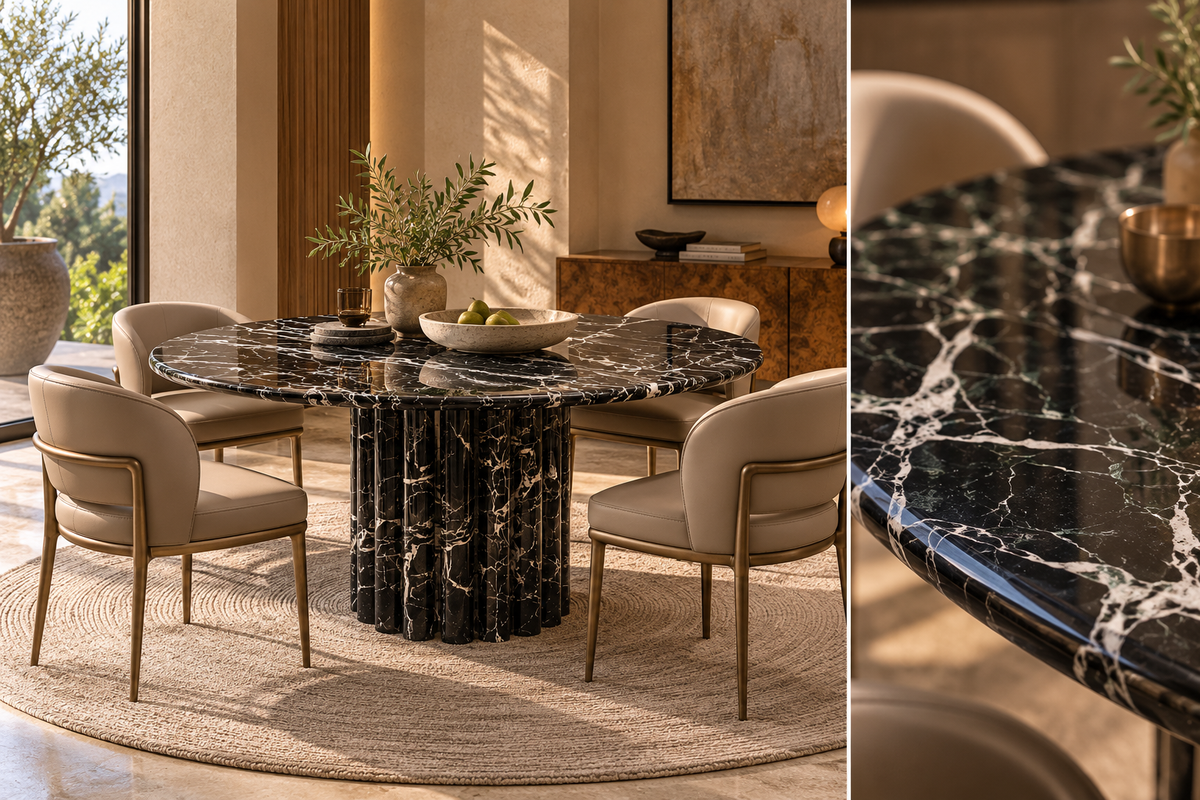 Round Noir Velluto marble dining table styled with four luxurious upholstered dining chairs