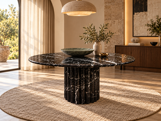 Noir Velluto sculptural black and white round marble dining table photographed on circular rug