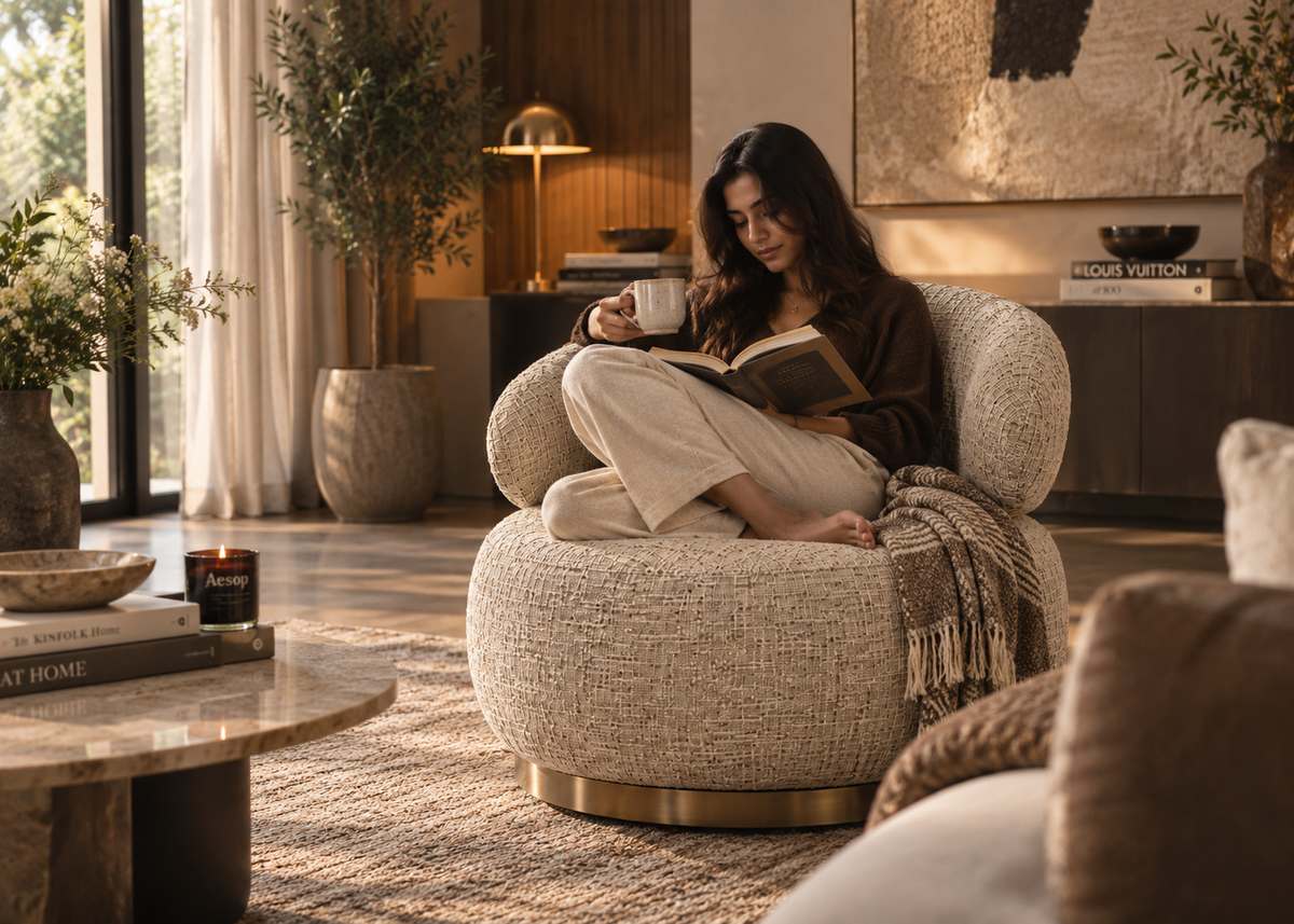Sora Swivel Chair with a woman reading in a cozy contemporary interior