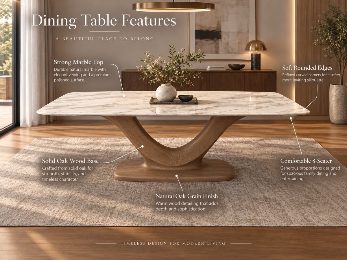 Dining table feature view highlighting the strong marble top, rounded edges and sculptural solid oak wood base