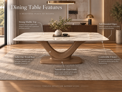 Dining table feature view highlighting the strong marble top, rounded edges and sculptural solid oak wood base