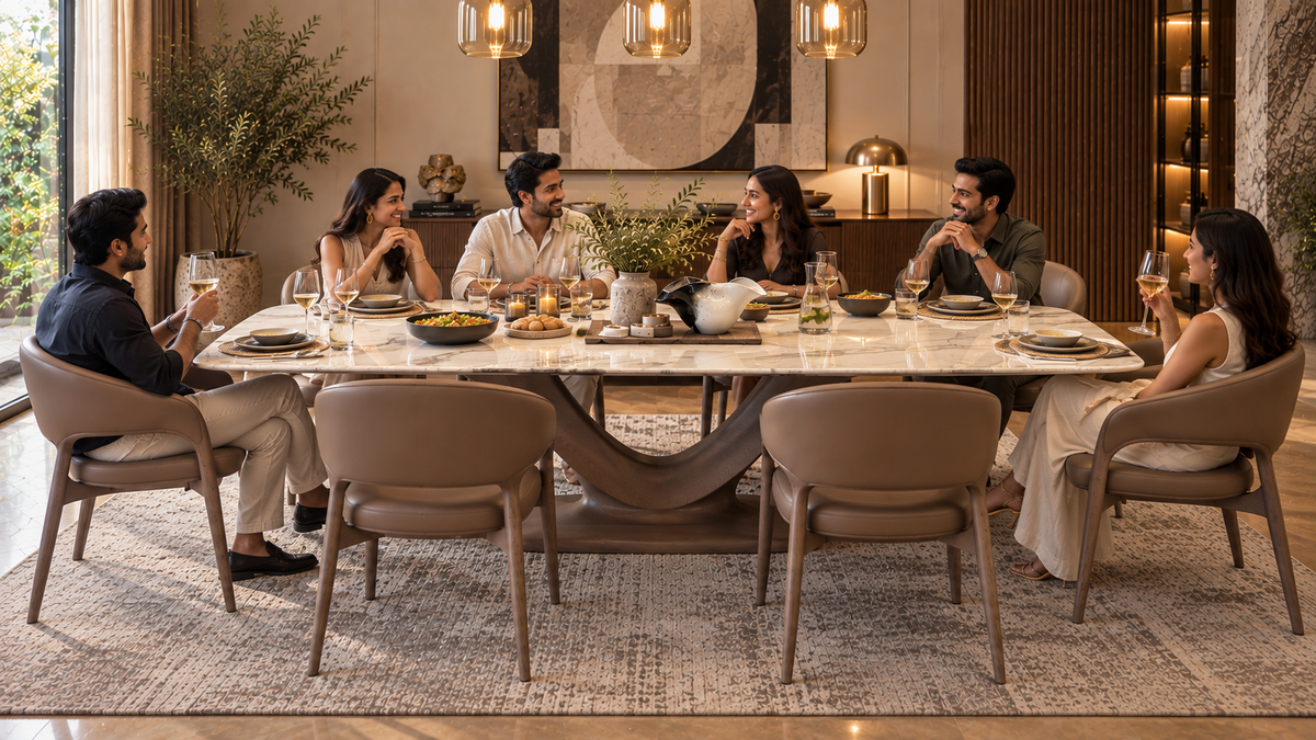 Luxury 8-seater oak and marble dining table shown in use with six diners in a warm contemporary dining room
