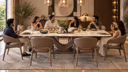 Luxury 8-seater oak and marble dining table shown in use with six diners in a warm contemporary dining room