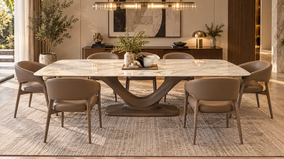 Luxury 8-seater dining table with strong marble top and sculptural solid oak wood base in a cozy dining room