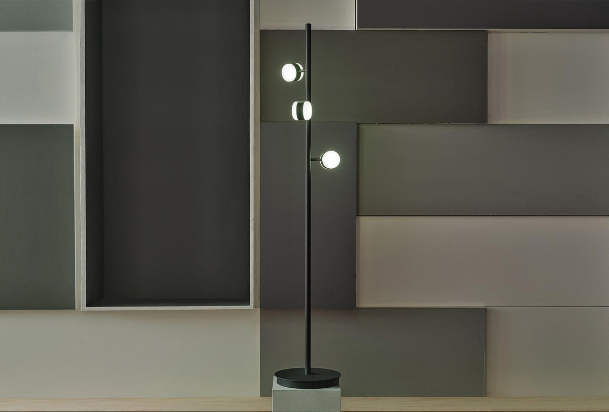 Oblo Floor Lamp by Enza Home, alternate official view showing the three-light black metal design