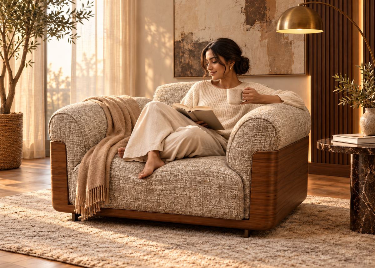 Woman enjoying a book and mug on Otello Berger beige textured and walnut armchair in a refined sunlit reading corner