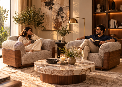 Two matching Otello Berger armchairs with rounded woven arms and walnut side panels with a woman and man lounging in a premium living room