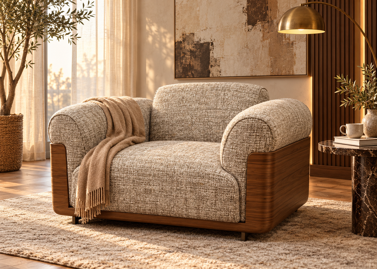 Otello Berger luxury reading armchair in warm greige woven tweed upholstery with large walnut wood side panels and thick rolled arms
