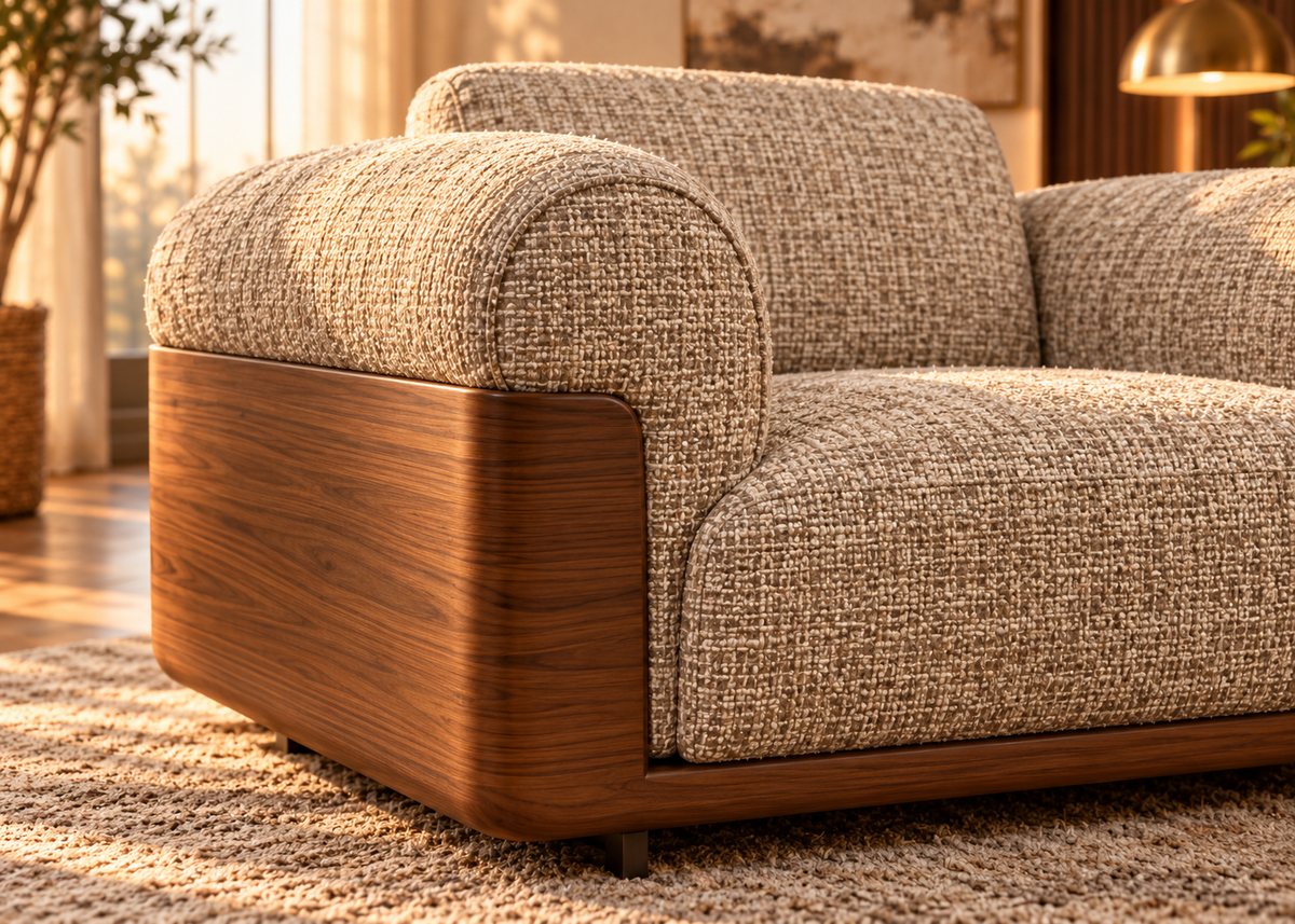 Otello Berger close-up showing warm walnut woodgrain side panel, cushioned rolled arm and flecked greige woven upholstery