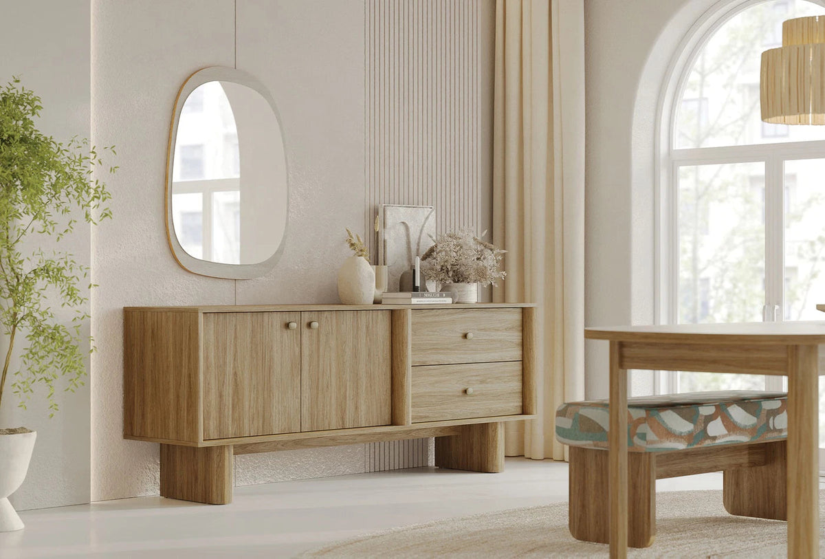 Perge Console by Enza Home in oak finish with natural mirror styling
