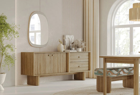Perge Console by Enza Home in oak finish with natural mirror styling