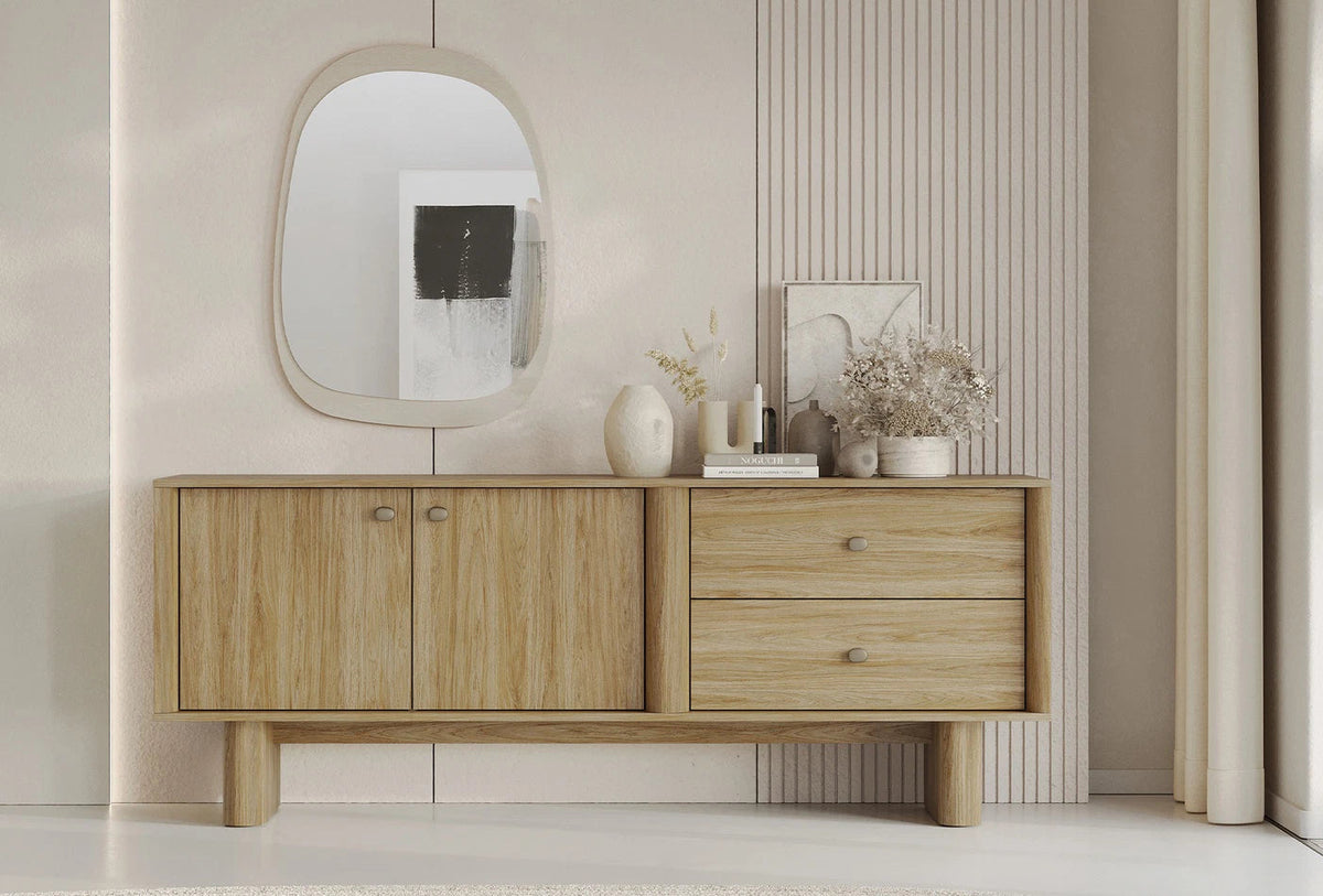 Perge Console by Enza Home with open storage and drawers